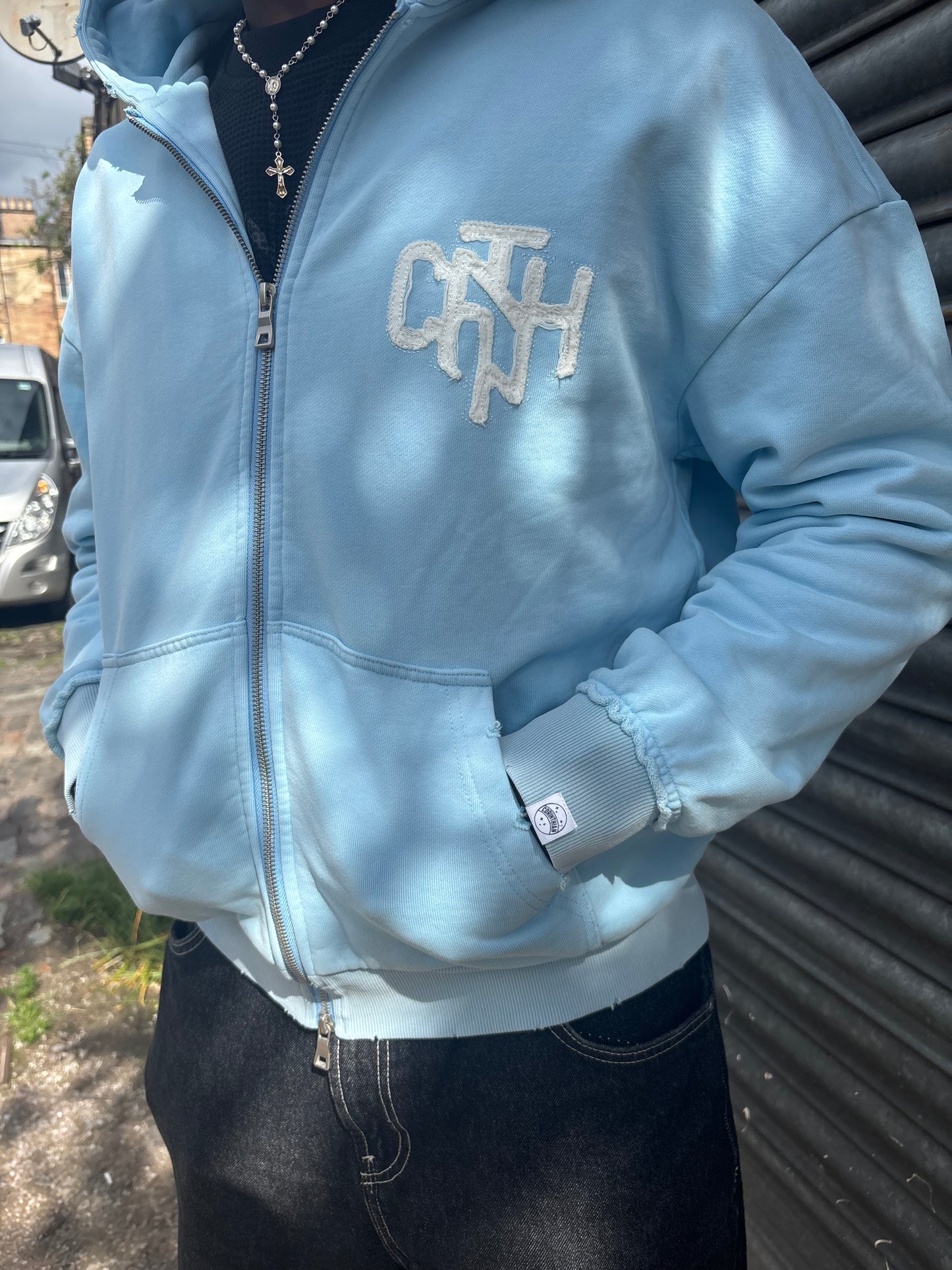 Distressed Hoodie-SKY